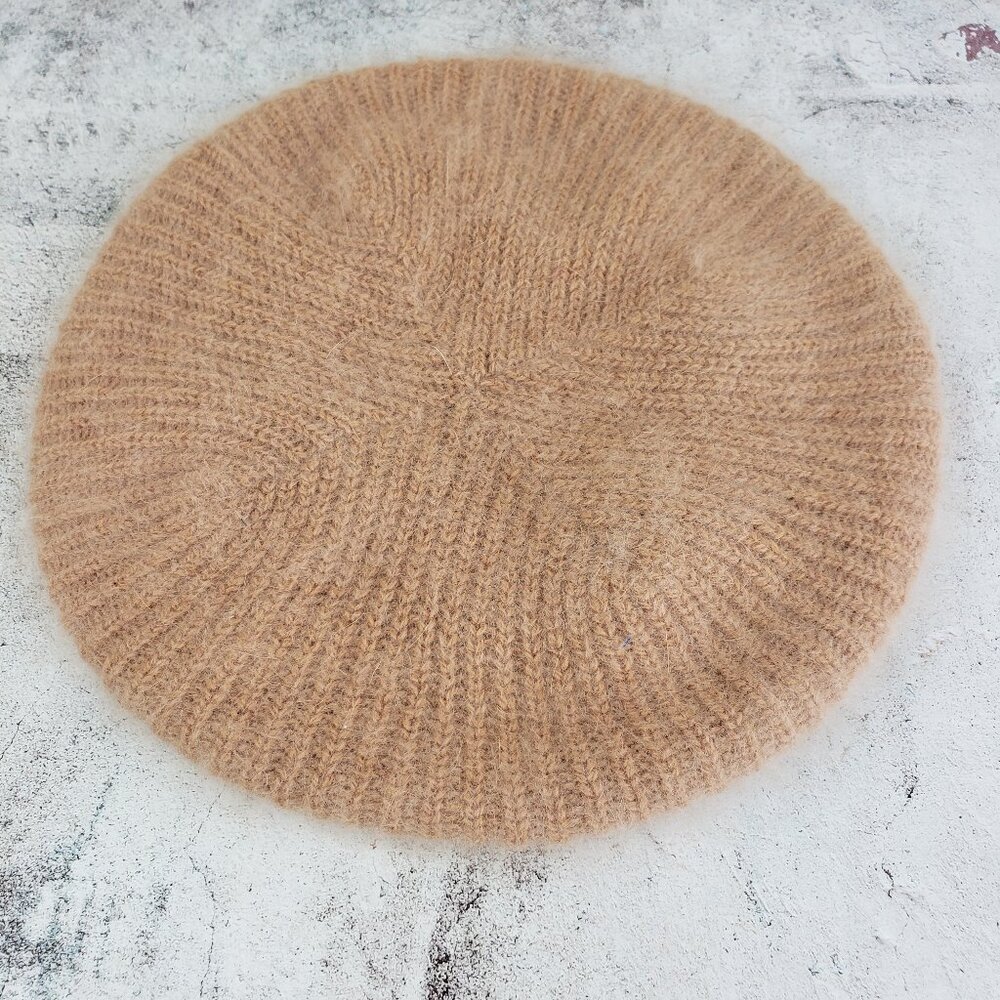 ARIS Beret Hat Angora Wool Knit Beige Neutral Minimalist Retro